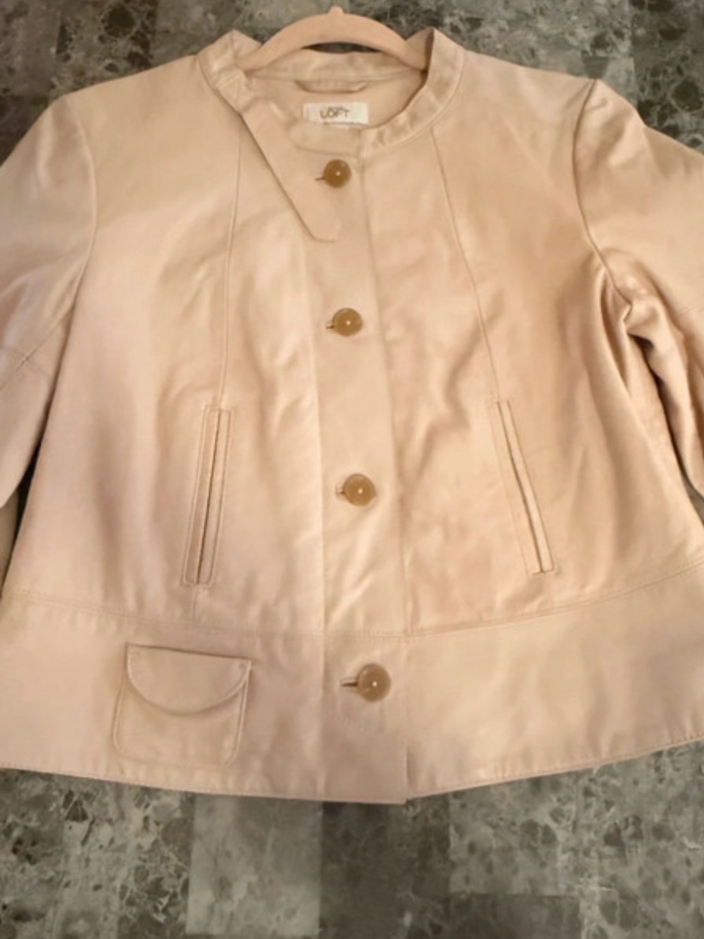 LOFT Cream Collarless Leather Jacket with Button Front